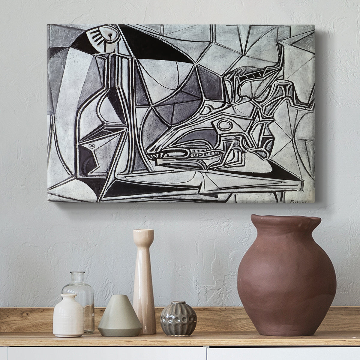 Canvas art print featuring an expressive still life with contrast, styled above a decorative console