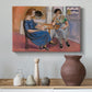 Canvas art print featuring a stylized interior with seated figures playing at a table, styled above a decorative console