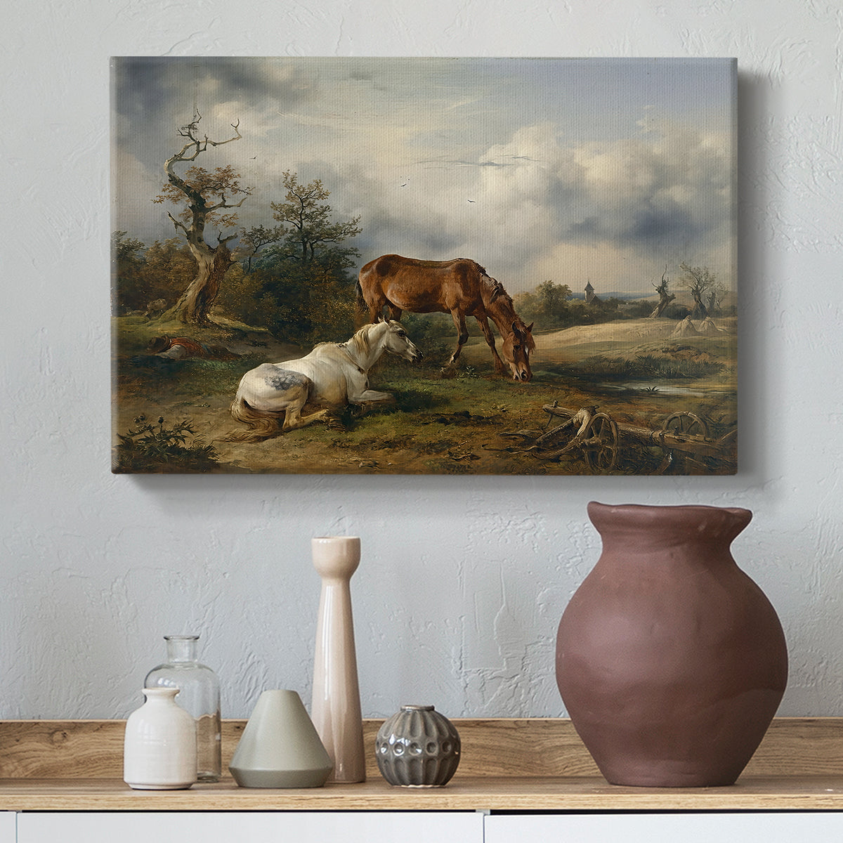 Canvas art print featuring a realistic livestock in rural setting, styled above a decorative console