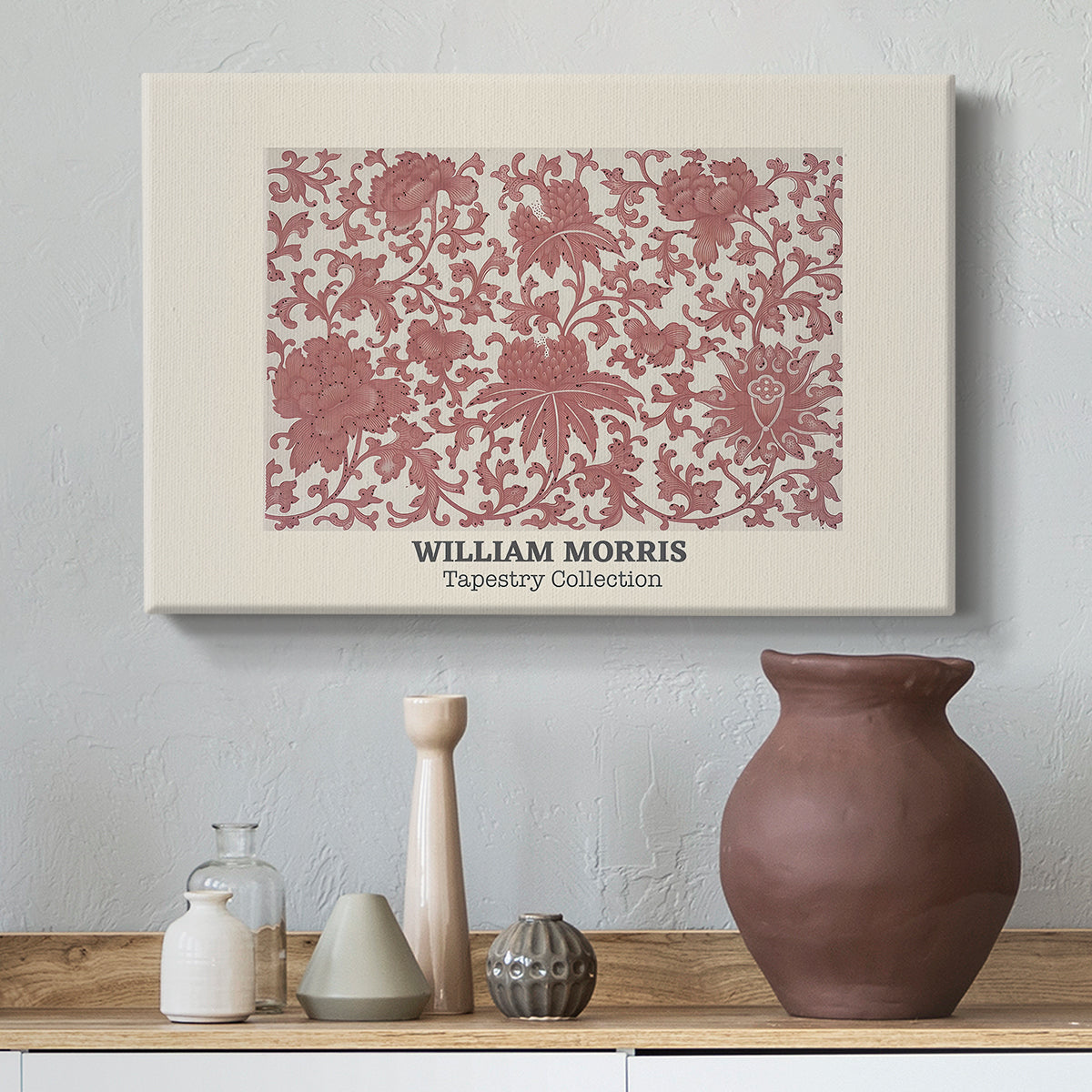 Canvas art print featuring a patterned composition with repeating shapes and stylized flowers, styled above a decorative console
