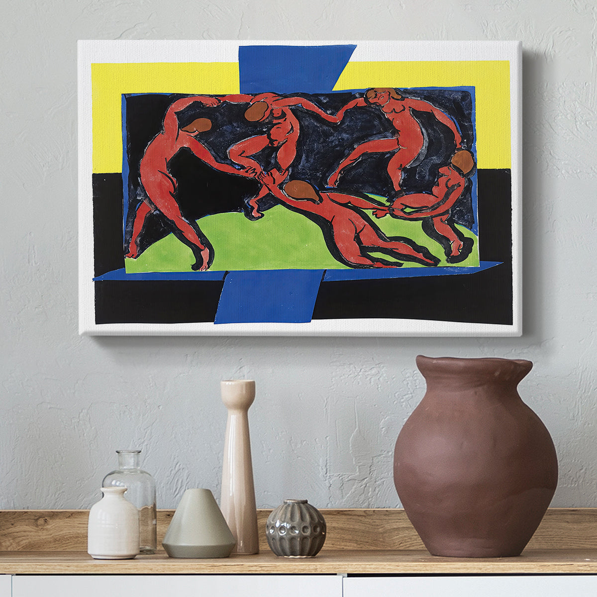 Canvas art print featuring an iconic composition with figures in motion and strong color contrast, styled above a decorative console