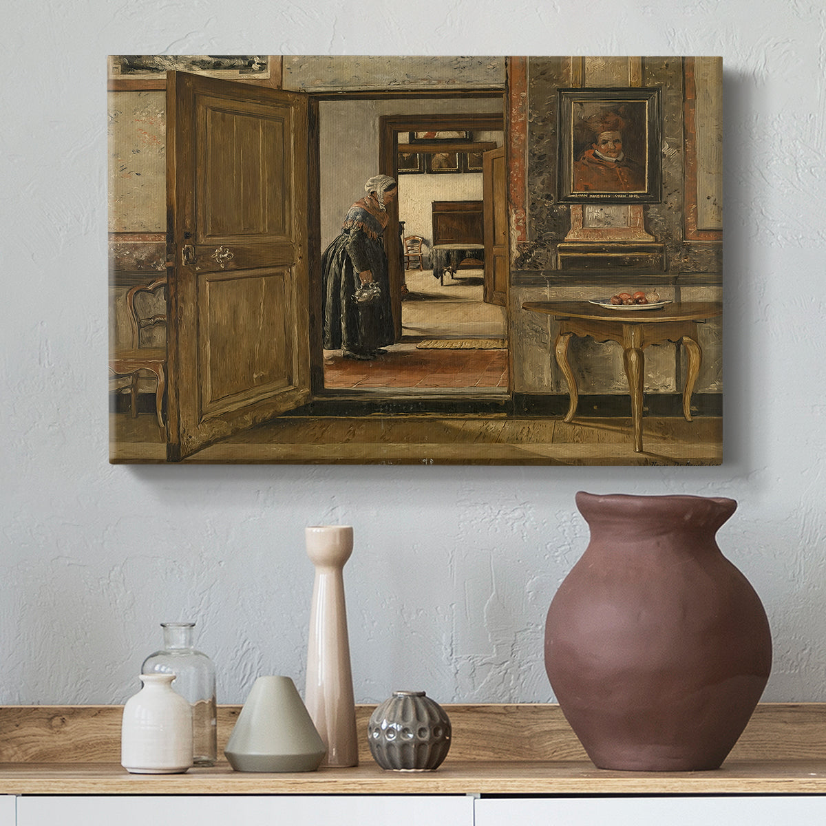 Canvas art print featuring an architectural scene emphasizing depth and symmetry, styled above a decorative console