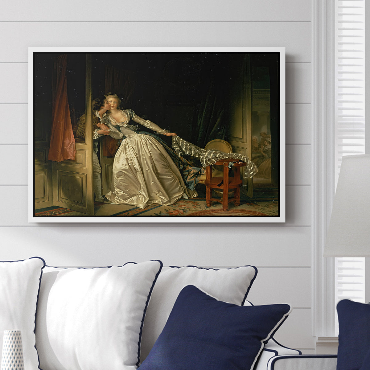 The Stolen Kiss (Le Baiser à la dérobée), c. 1788 - Floater Framed Canvas Print