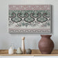 Canvas art print featuring a patterned composition featuring symmetrical abstract elements, styled above a decorative console