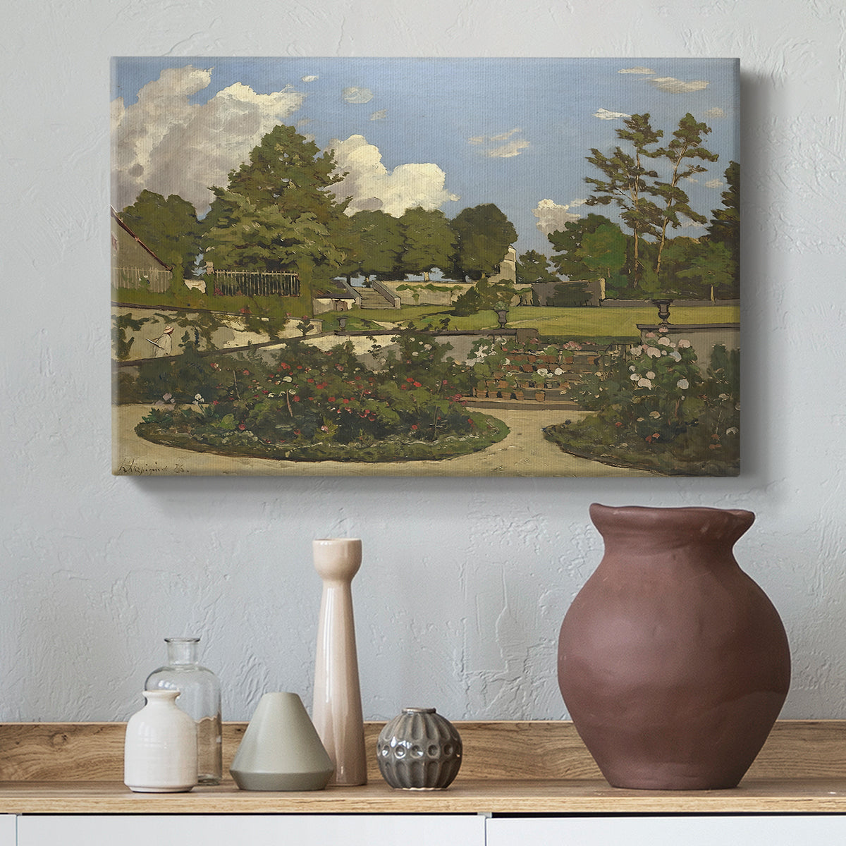 Canvas art print featuring a natural scene with cultivated plants and tranquil atmosphere, styled above a decorative console
