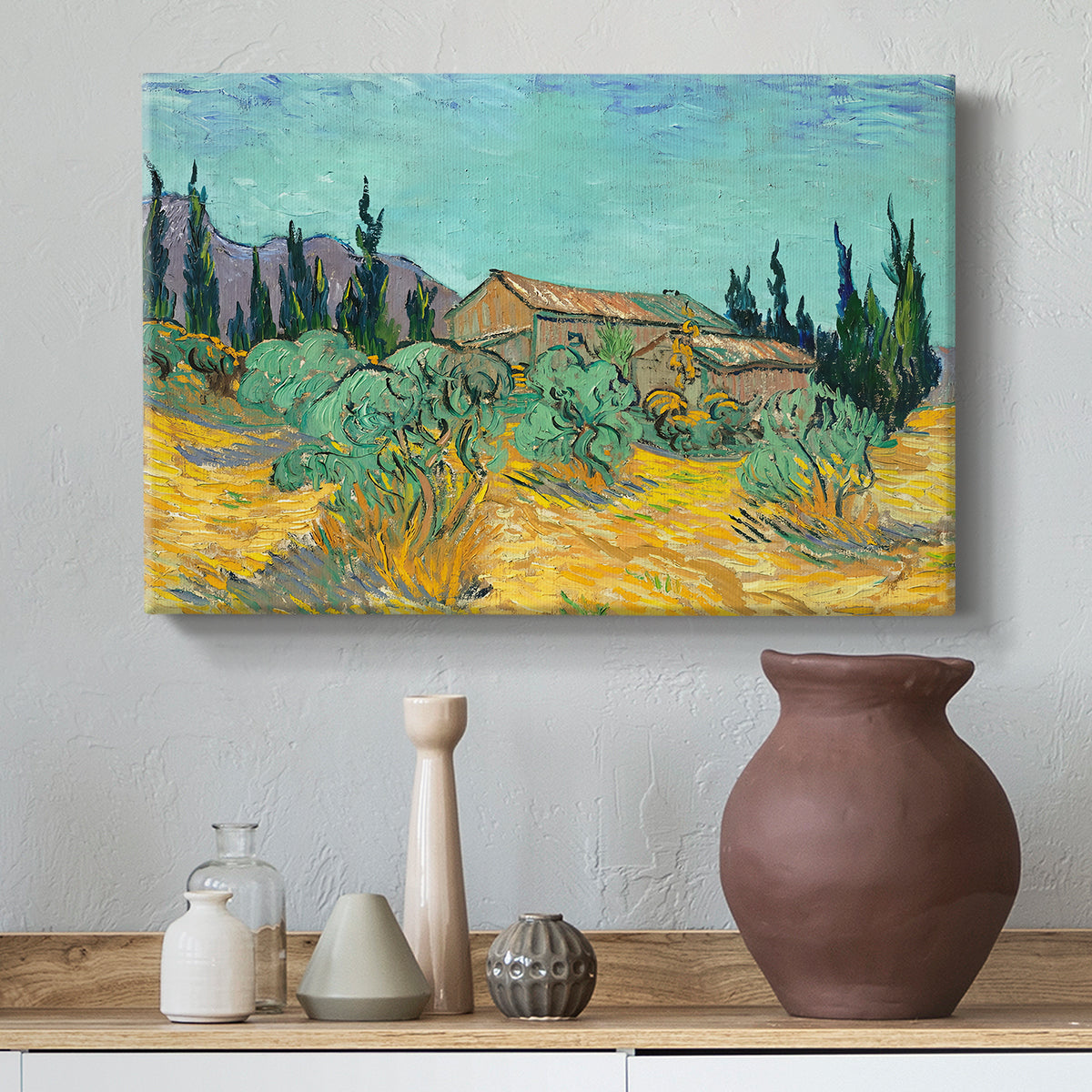 Canvas art print featuring a post-impressionist composition combining architecture and nature, styled above a decorative console