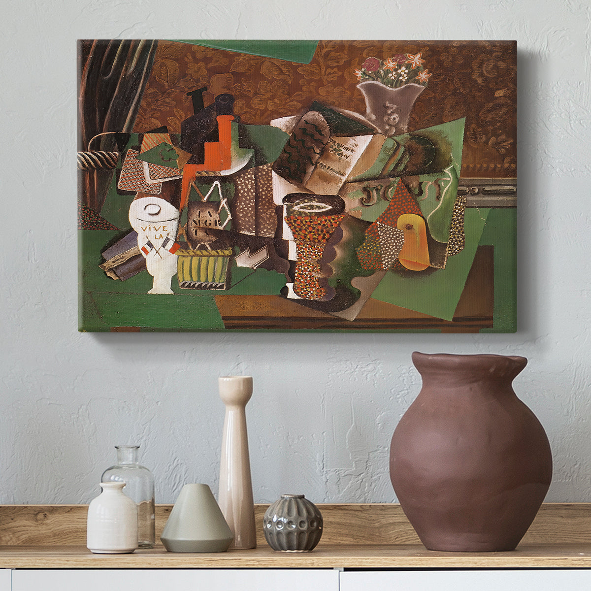 Canvas art print featuring a fragmented still life with overlapping shapes, styled above a decorative console