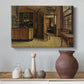 Canvas art print featuring a detailed room with wooden textures and figure near entrance, styled above a decorative console