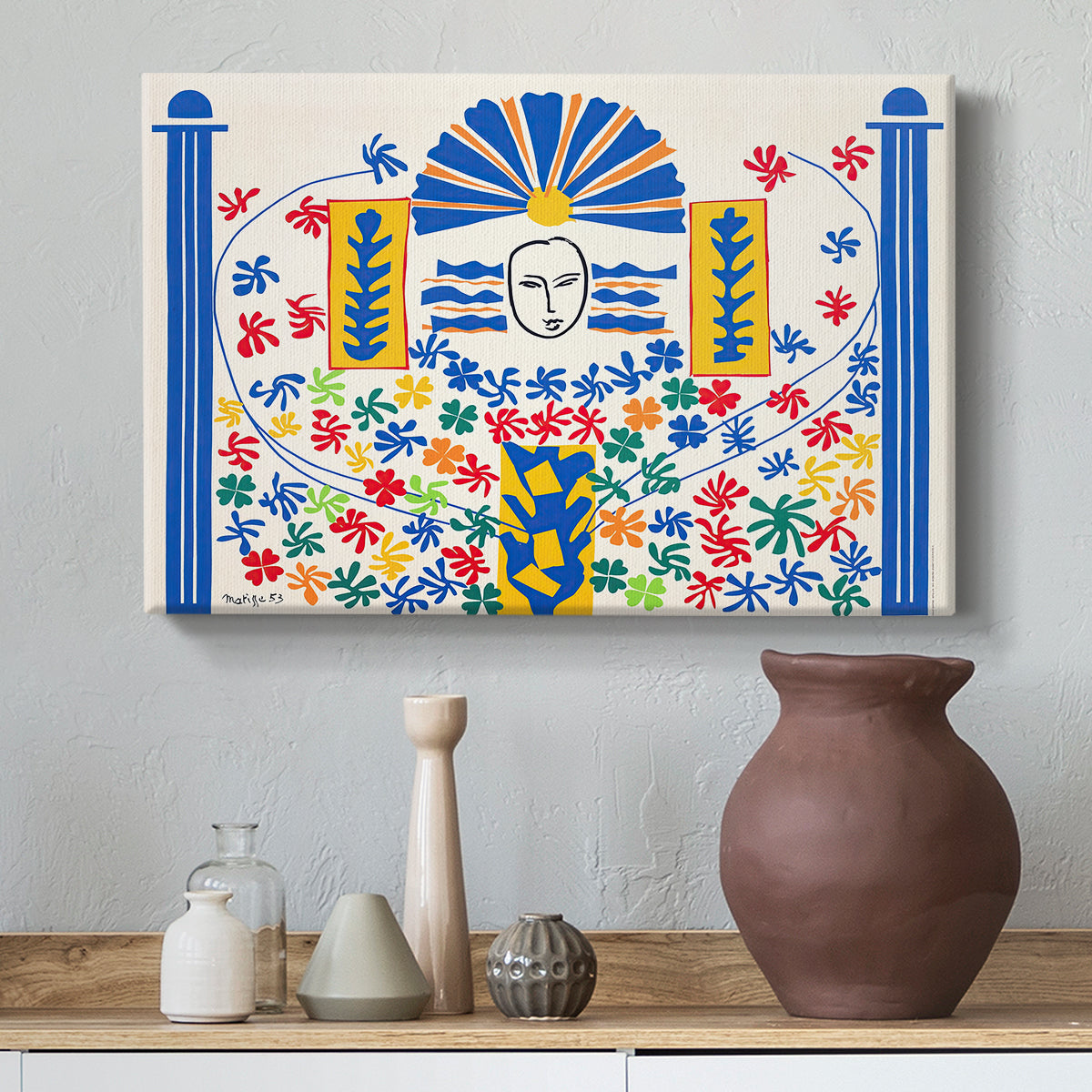 Canvas art print featuring a modernist composition featuring simplified figure and patterns, styled above a decorative console