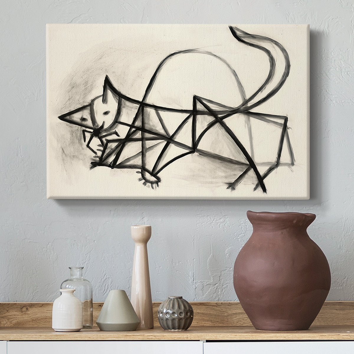 Canvas art print featuring an abstract sketch of feline, styled above a decorative console