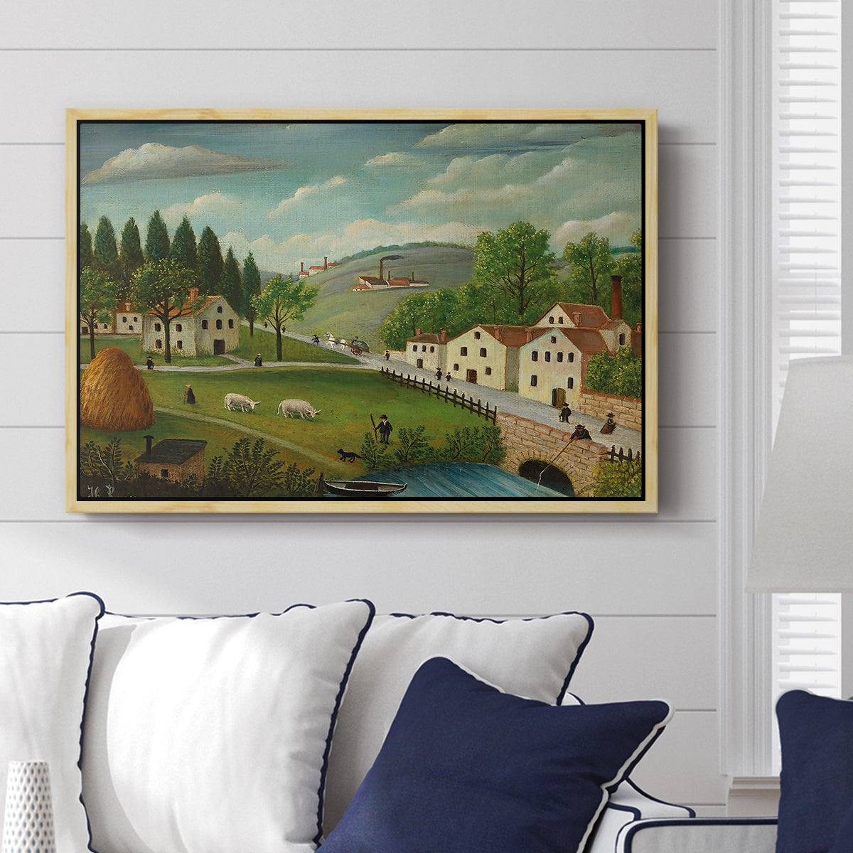Pastoral Landscape with Stream, Fisherman and Strollers, 1875-1880 - Floater Framed Canvas Print