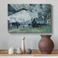 Canvas art print featuring an interior view of station filled with movement and smoke, styled above a decorative console