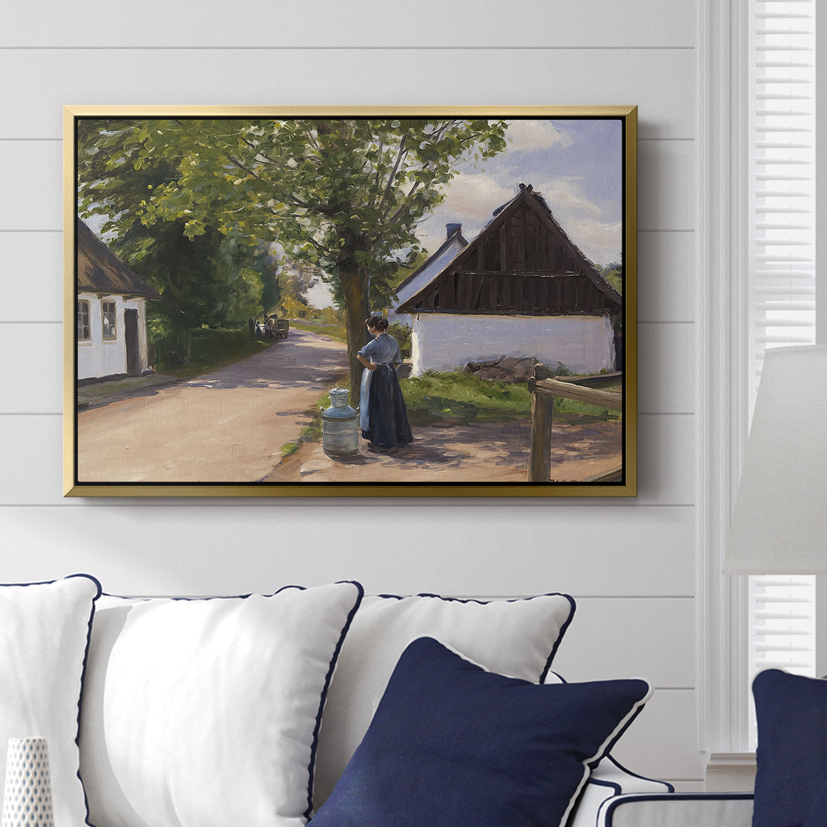 Danish Village Street with Woman and Milkman, 1880 - Floater Framed Canvas Print