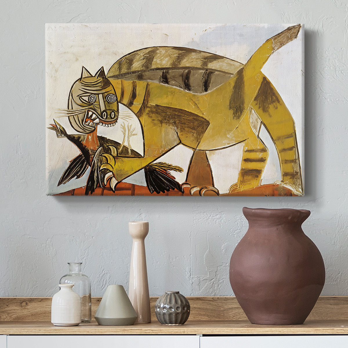 Canvas art print featuring an expressive composition with exaggerated feline form, styled above a decorative console