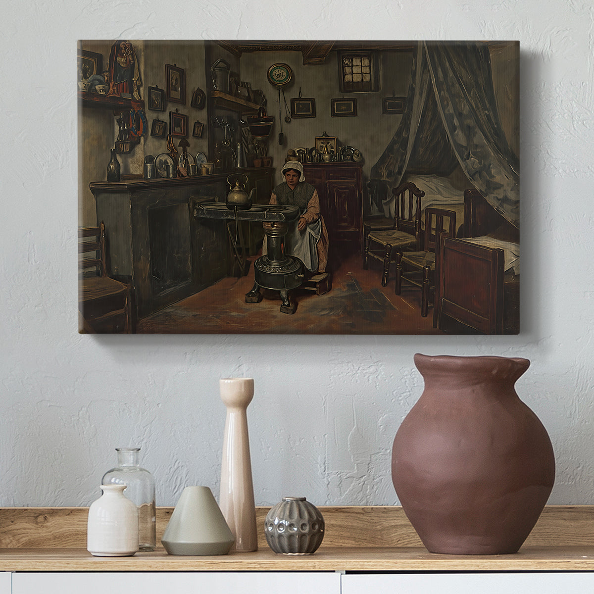 Canvas art print featuring a domestic composition focused on solitary figure and space, styled above a decorative console