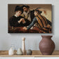 Canvas art print featuring a young men playing cards with one cheating and another watching closely, styled above a decorative console