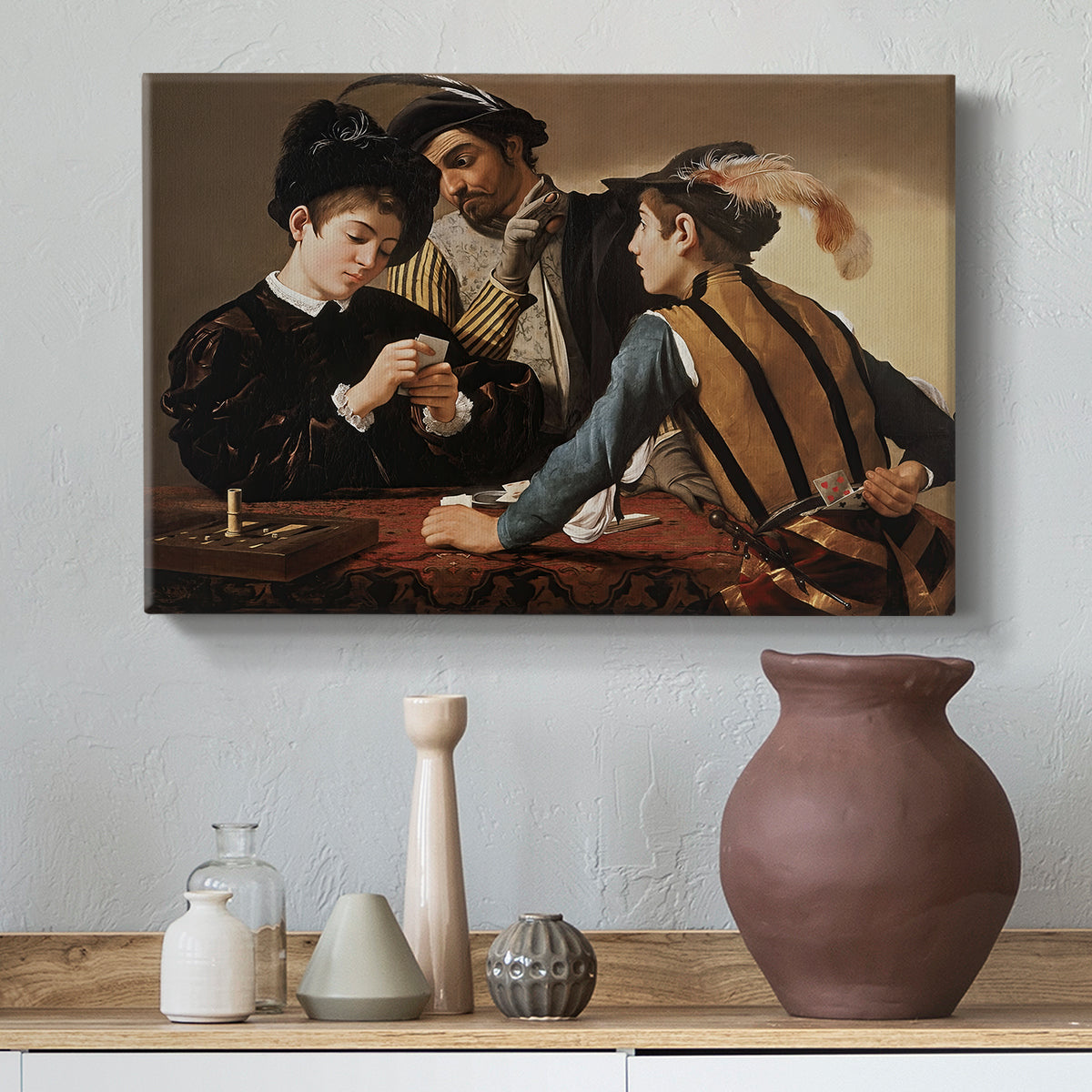 Canvas art print featuring a young men playing cards with one cheating and another watching closely, styled above a decorative console