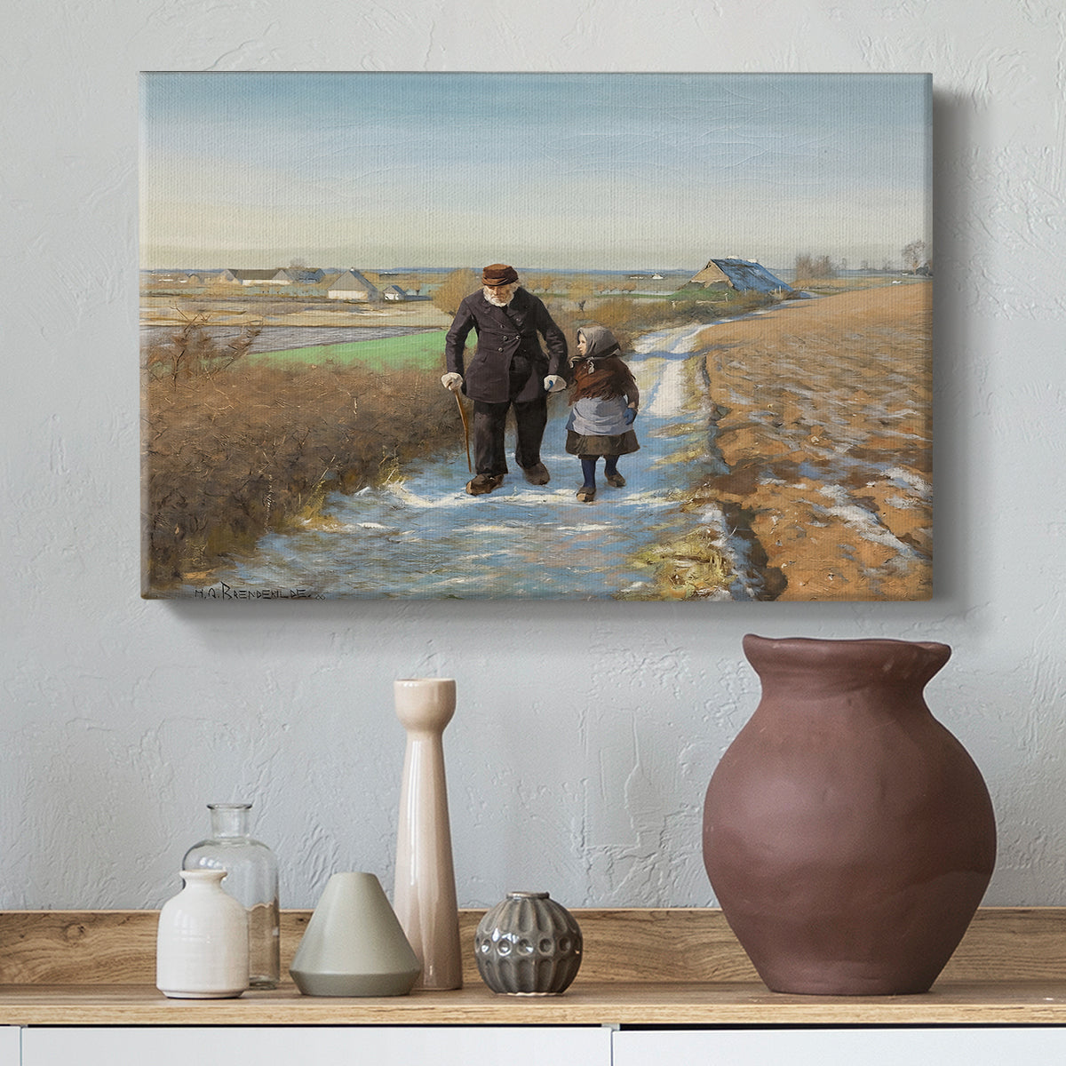 Canvas art print featuring an emotional depiction of two figures walking in open terrain, styled above a decorative console