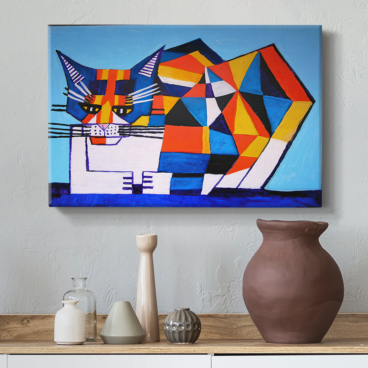 Canvas art print featuring an abstract portrait using segmentation, styled above a decorative console