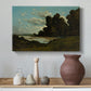 Canvas art print featuring a countryside waterway with town along horizon, styled above a decorative console