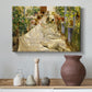 Canvas art print featuring a sunlit composition of workers repairing sailcloth, styled above a decorative console