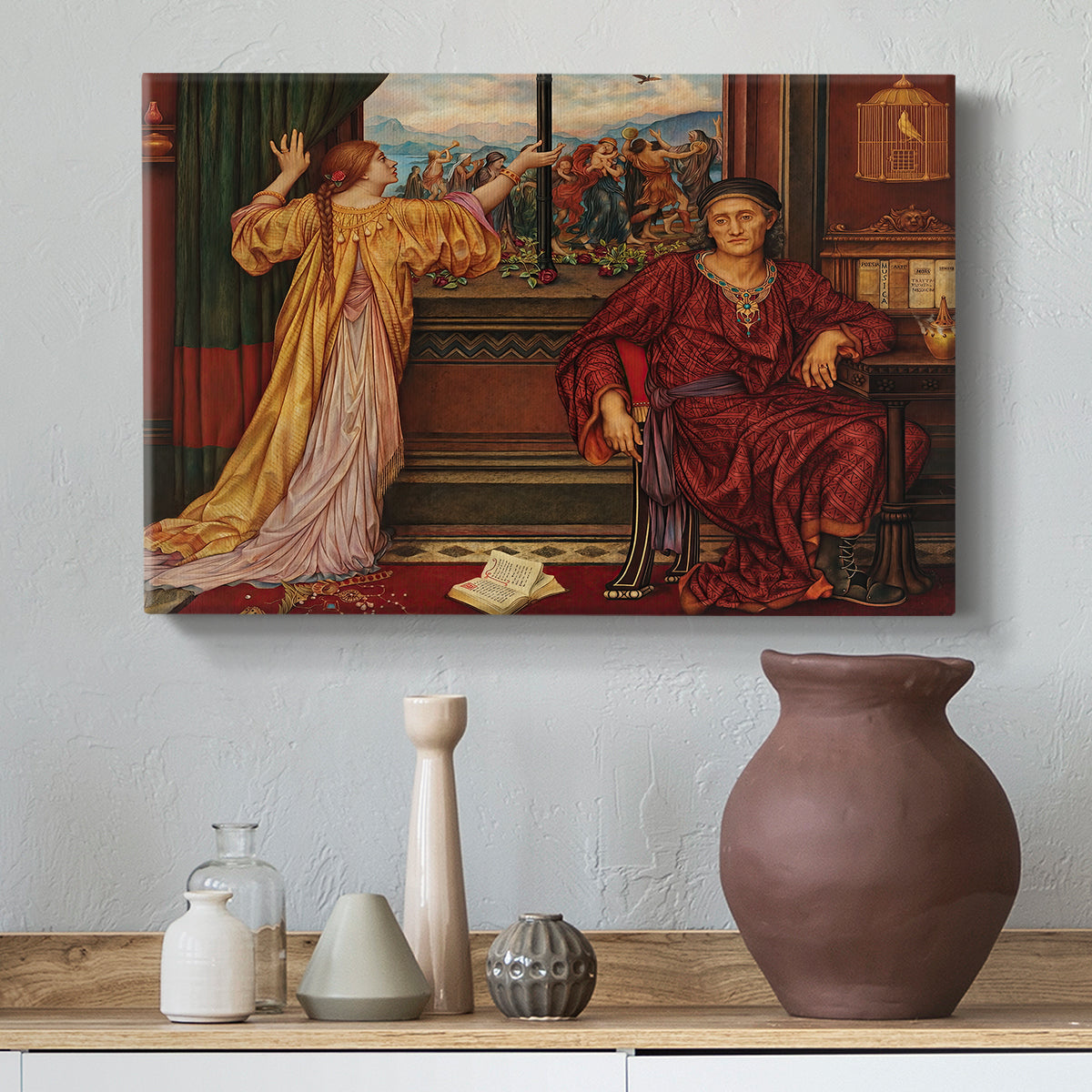 Canvas art print featuring an interior composition with woman and gilded elements suggesting restriction, styled above a decorative console