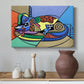 Canvas art print featuring an abstract dog with color blocks, styled above a decorative console