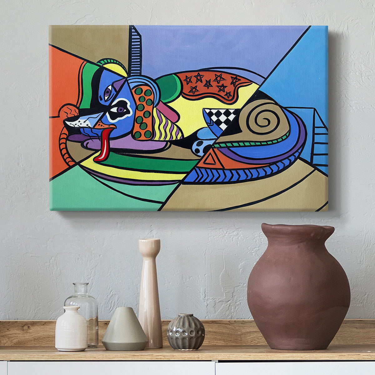 Canvas art print featuring an abstract dog with color blocks, styled above a decorative console