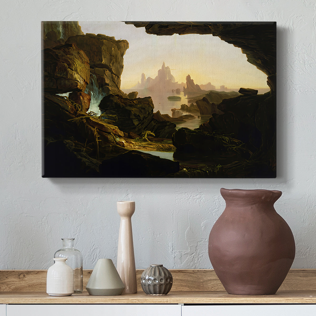 Canvas art print featuring a dramatic biblical scene of water retreating across terrain, styled above a decorative console