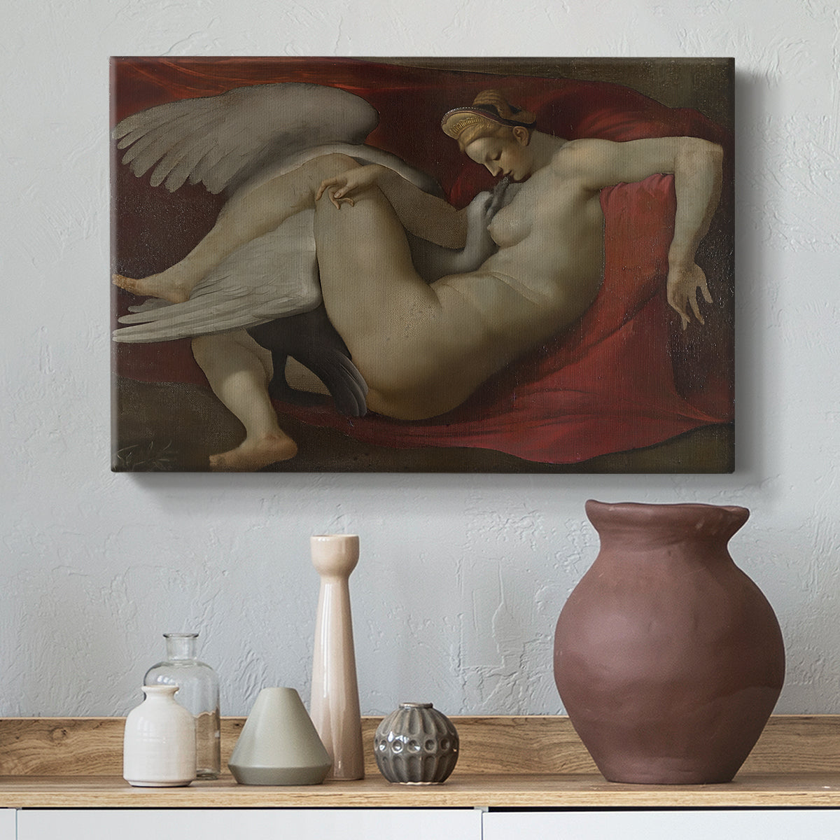 Canvas art print featuring an expressive figure study combining human and animal, styled above a decorative console