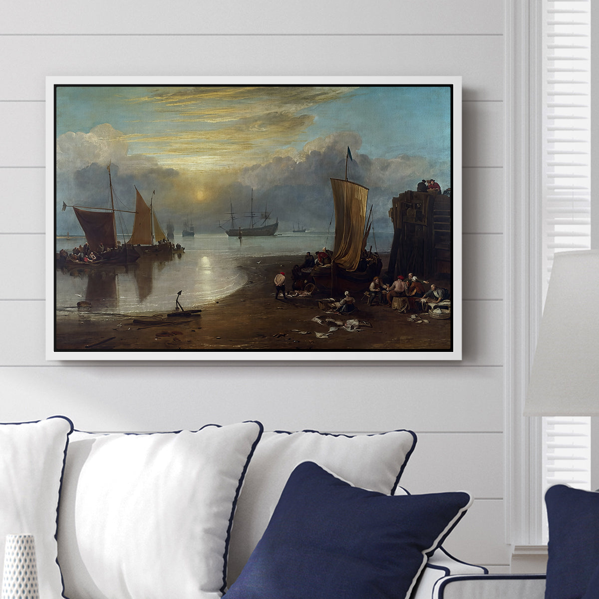 Sun Rising through Vapour: Fishermen Cleaning and Selling Fish, c. 1807 - Floater Framed Canvas Print