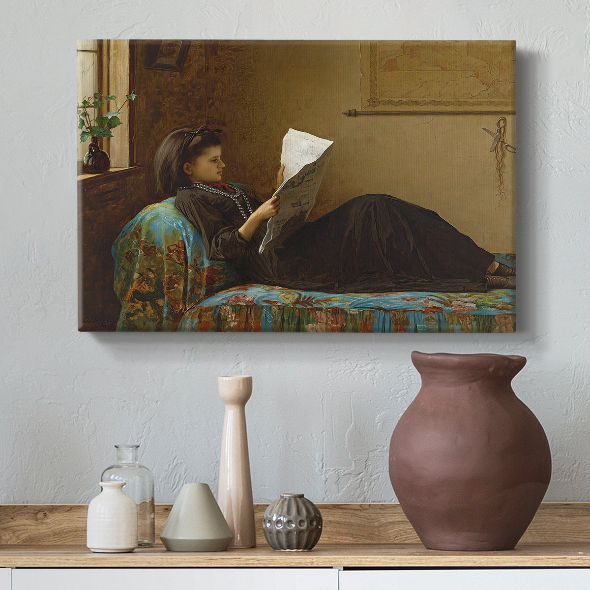Canvas art print featuring an Americana interior with people focused on printed page, styled above a decorative console
