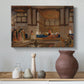 Canvas art print featuring a detailed interior with social interaction, styled above a decorative console