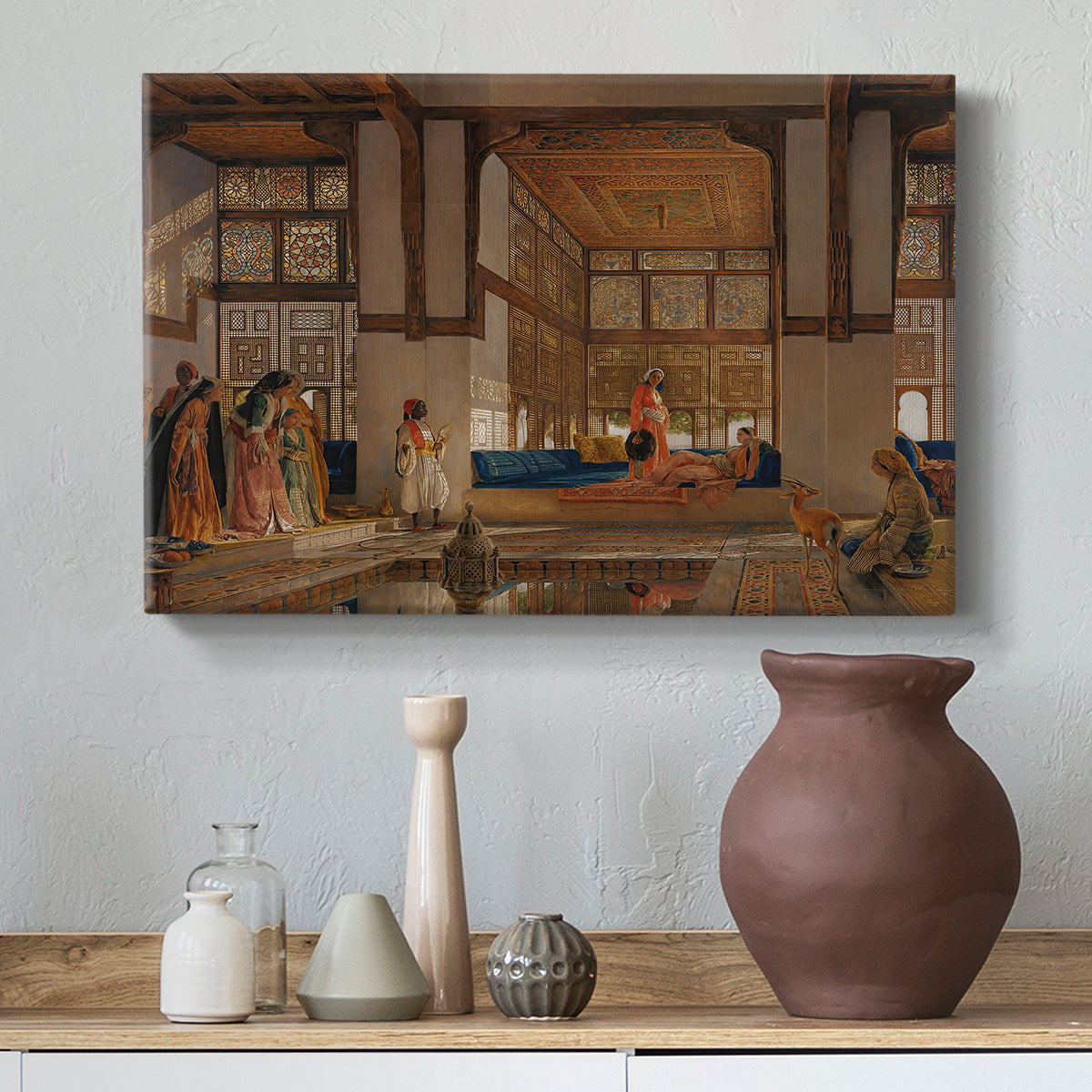 Canvas art print featuring a detailed interior with social interaction, styled above a decorative console