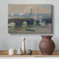 Canvas art print featuring a river and bridge scene with diffused light and urban backdrop, styled above a decorative console