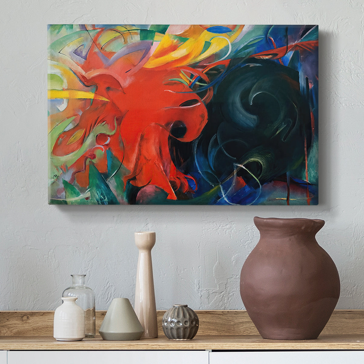 Canvas art print featuring a colorful abstract scene suggesting conflict through movement, styled above a decorative console