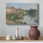 Canvas art print featuring a pointillist town next to a riverbank, styled above a decorative console