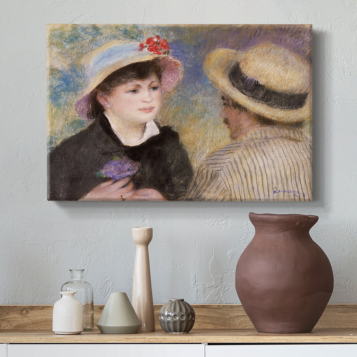 Canvas art print featuring an impressionist depiction of couple enjoying leisure time near water, styled above a decorative console