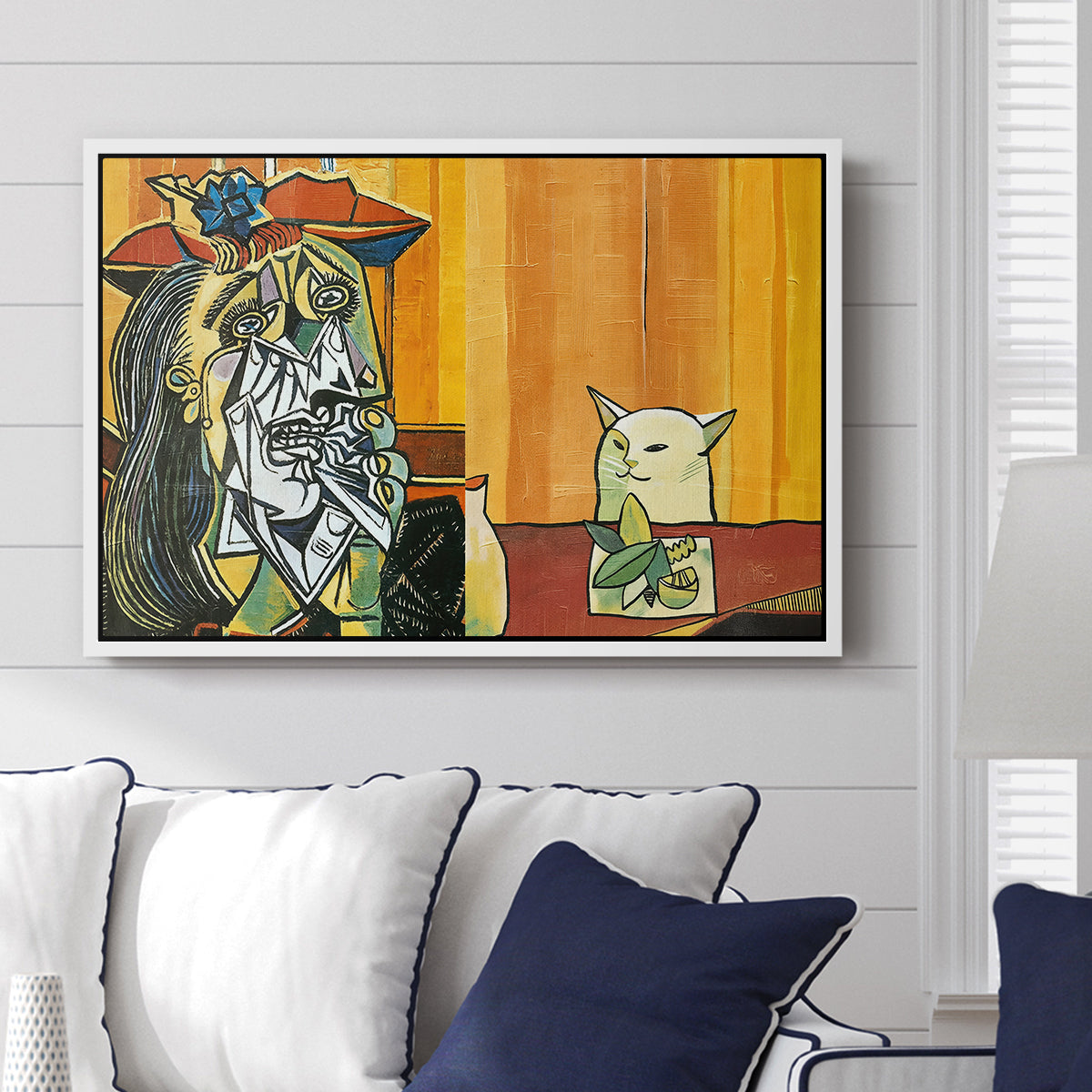 Woman Yelling at a Cat Meme (Picasso Parody) - Floater Framed Canvas Print