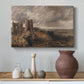Canvas art print featuring an expressive landscape with structure, styled above a decorative console