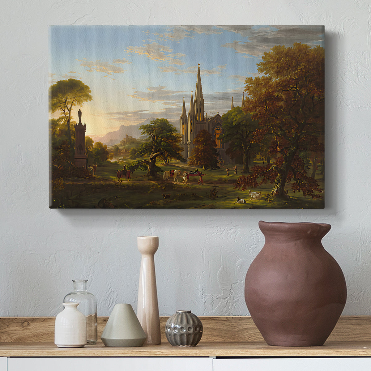 Canvas art print featuring a romantic composition showing movement toward distant buildings, styled above a decorative console