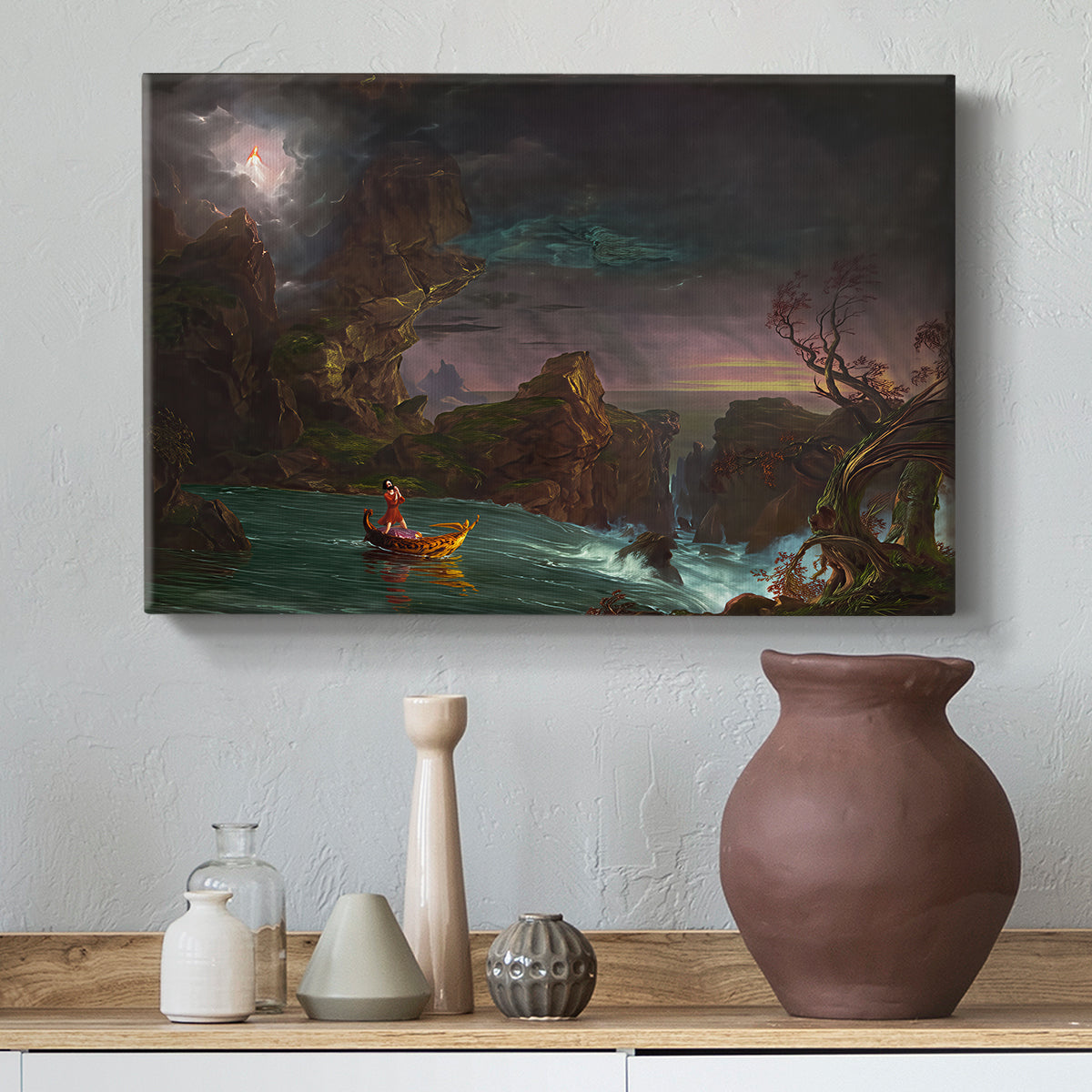 Canvas art print featuring a romantic composition emphasizing struggle and movement, styled above a decorative console