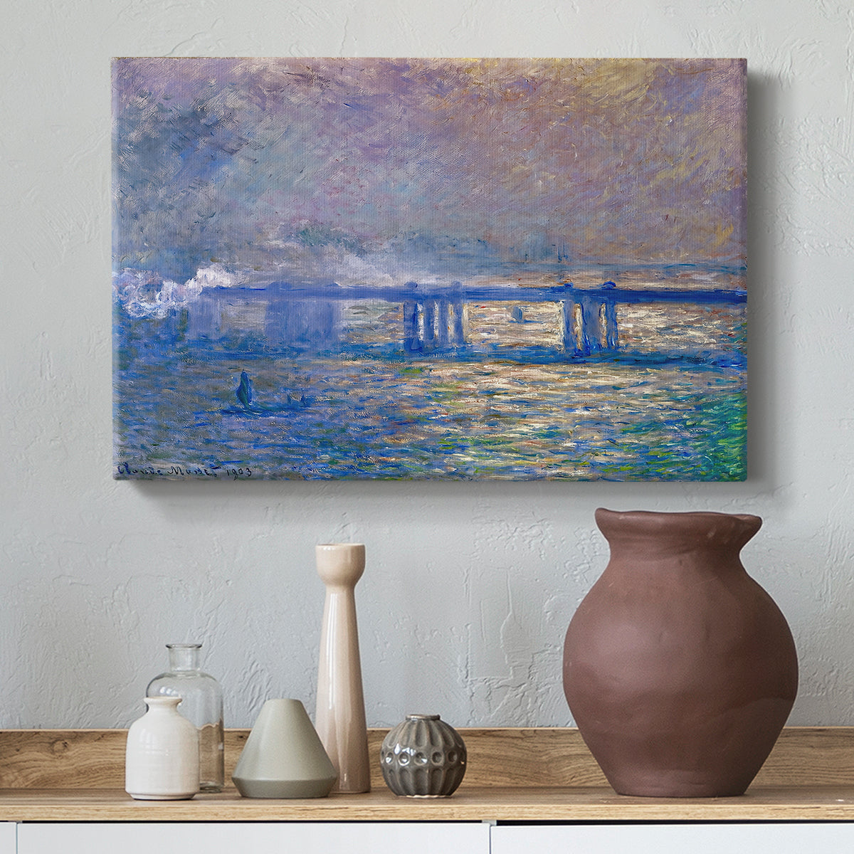 Canvas art print featuring an atmospheric depiction of London bridge with reflections in water, styled above a decorative console