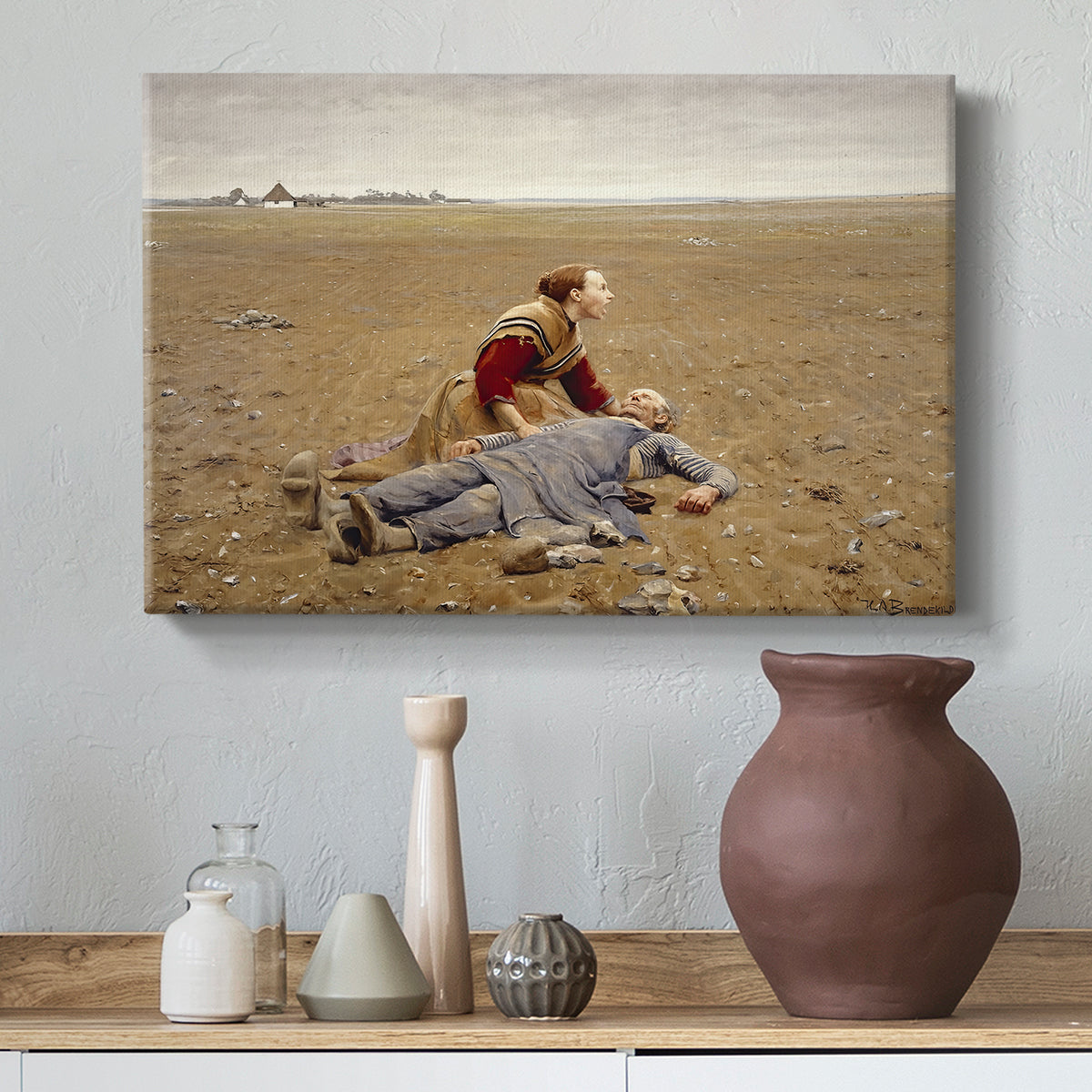 Canvas art print featuring a realistic depiction of fatigue and hardship in countryside, styled above a decorative console