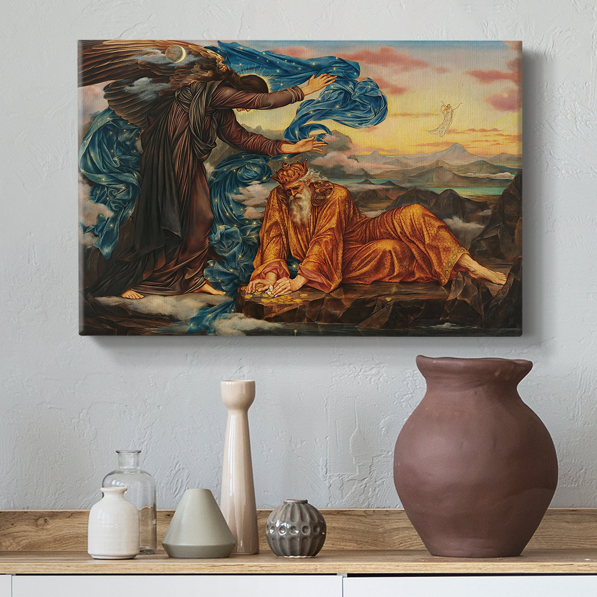 Canvas art print featuring a symbolic composition exploring human form and spiritual themes, styled above a decorative console