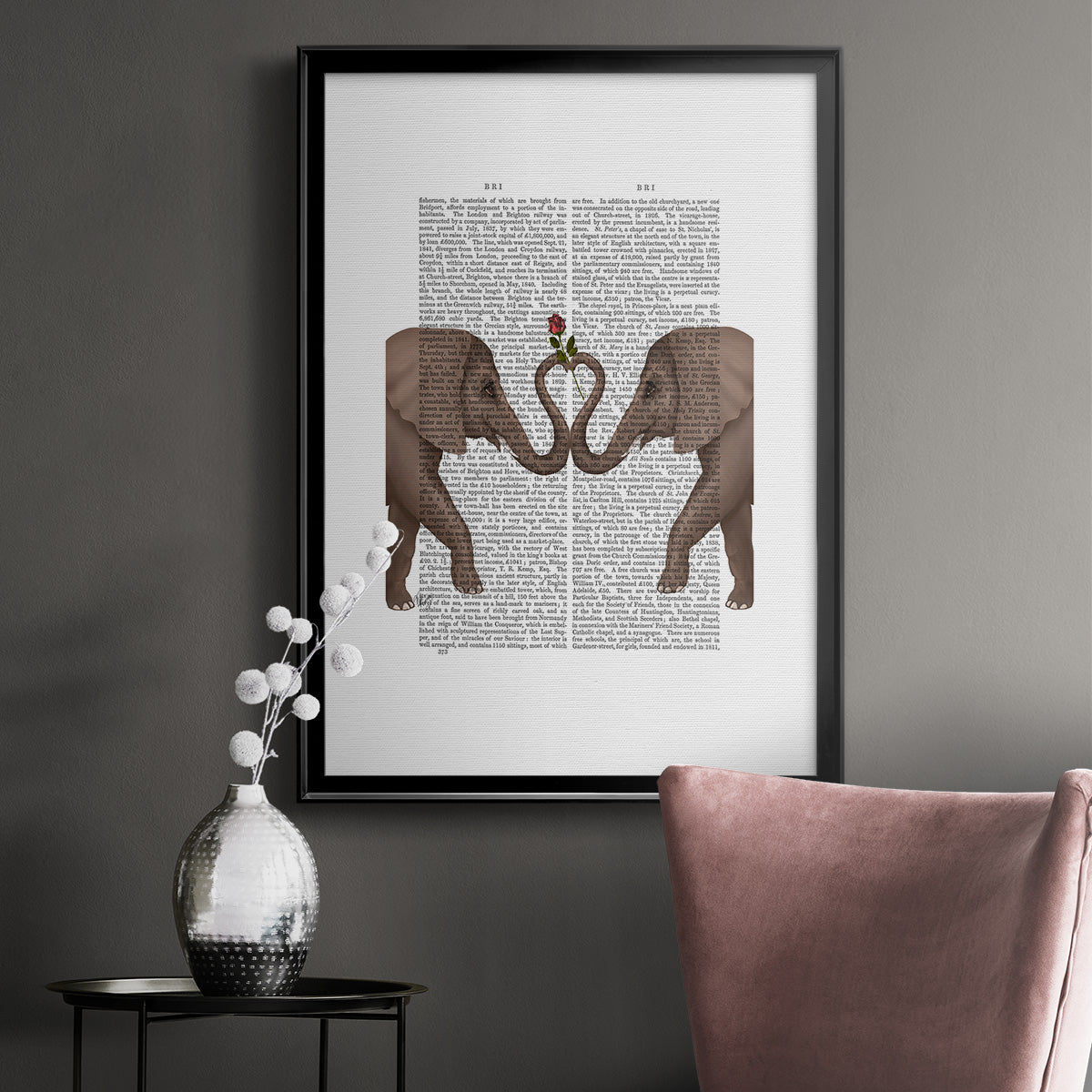 Elephants Heart and Rose - Modern Framed Canvas Print