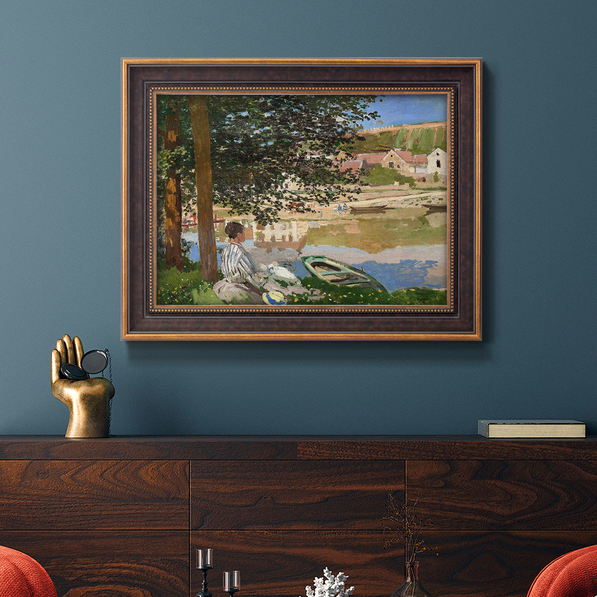 On the Bank of the Seine, Bennecourt - Ornate Framed Canvas Print