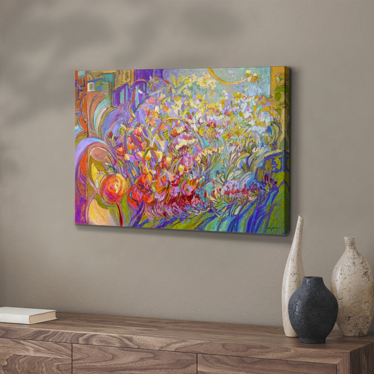 Vibrant floral composition showcasing bright colors and dynamic shapes in an abstract style