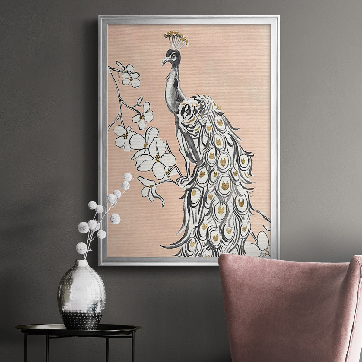 Peacock in Gold II - Modern Framed Canvas Print