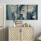 Three-panel canvas wall art featuring golden coastal sunset with cliffs, displayed above a cabinet in an entryway.